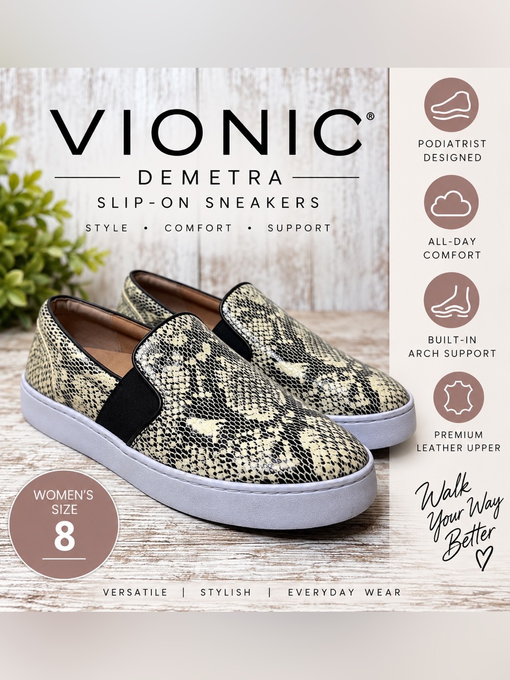Vionic Women's Demetra Snake-Embossed Slip-On Sneakers Sz 8